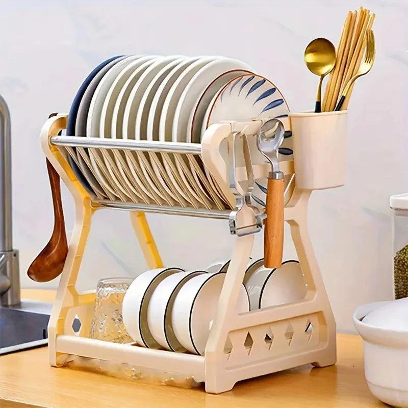 Escorredor de pratos de dois andares com suporte para talheres e copos, projetado para economizar espaço e manter a cozinha organizada. Design prático e resistente, perfeito para otimizar a rotina doméstica e facilitar a secagem dos utensílios