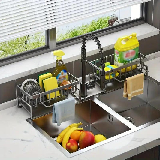 rganizador de pia de cozinha com suporte funcional para detergente, esponja e escova. Design moderno e compacto, ideal para manter a área da pia limpa e organizada, economizando espaço e otimizando a rotina de limpeza.