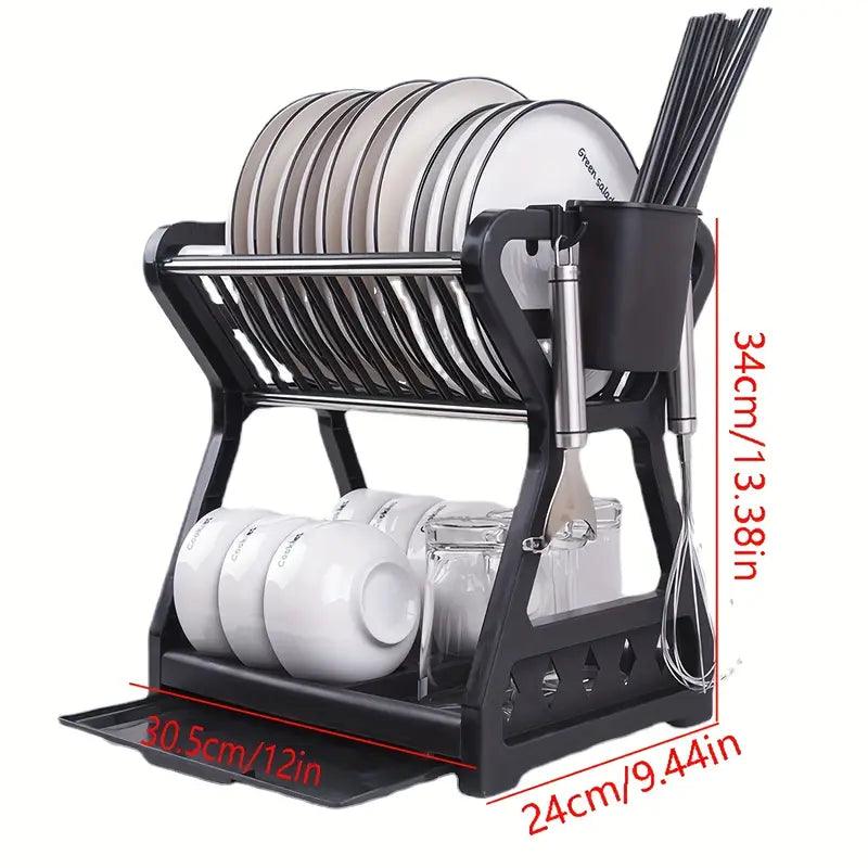 Escorredor de pratos de dois andares com suporte para talheres e copos, projetado para economizar espaço e manter a cozinha organizada. Design prático e resistente, perfeito para otimizar a rotina doméstica e facilitar a secagem dos utensílios